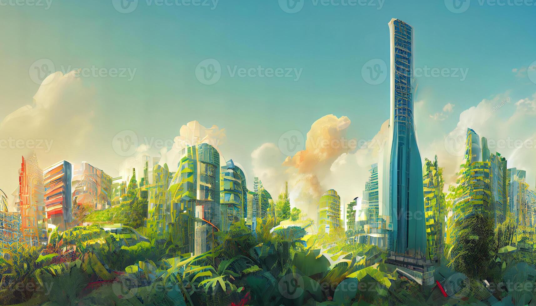A futuristic environmental metropolis illustration featuring high rise skyscrapers connected. photo