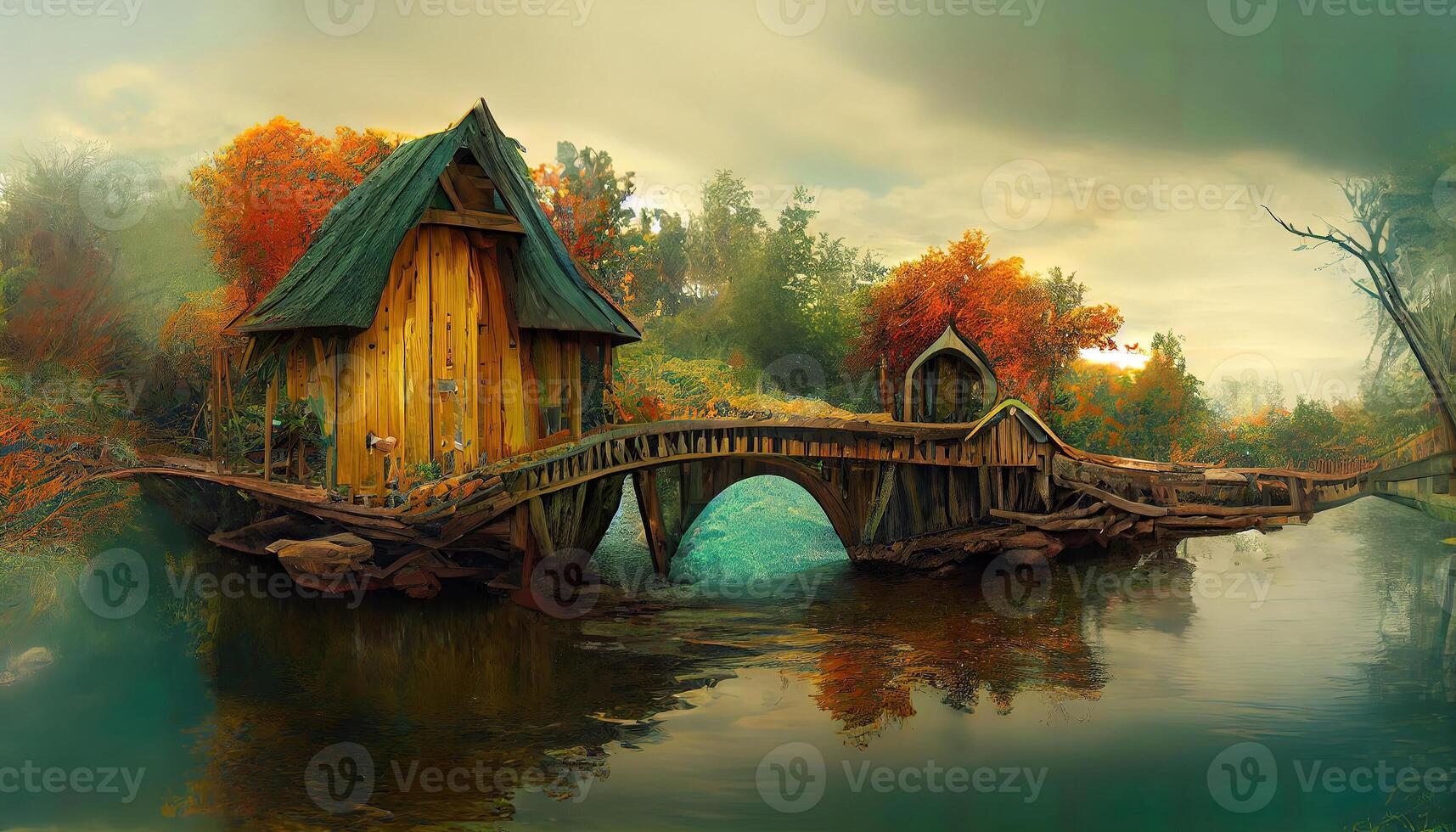 Fantasy tree house. fairytale fantasy landscape, tree house. 3d-render, raster illustration. photo