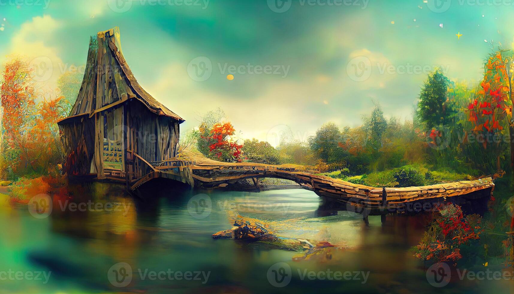 Fairy house on the river and wooden bridge, Photomanipulation, 3D redering, Detailed, colored. photo