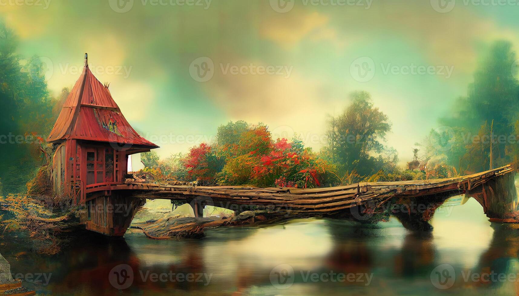 Fairy house on the river and wooden bridge, Photomanipulation, 3D redering, Detailed, colored. photo