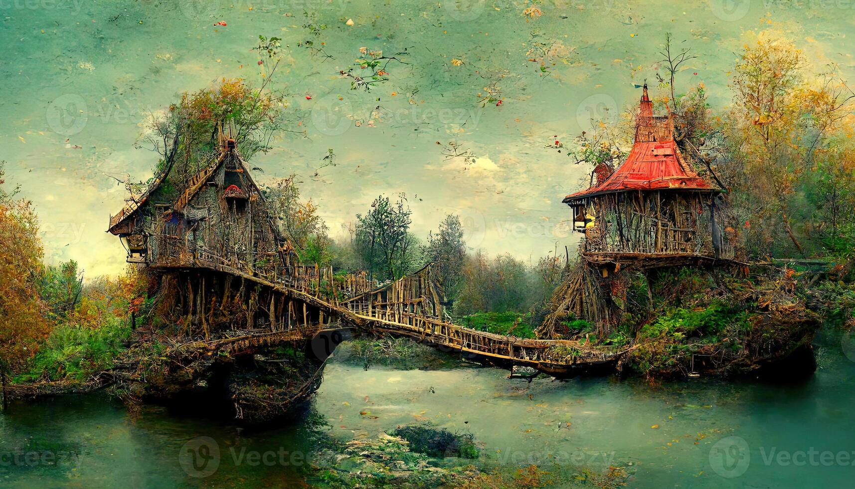 Wooden house in a deep forest with dark tree trunks at night on the lakeside 3d illustration. photo