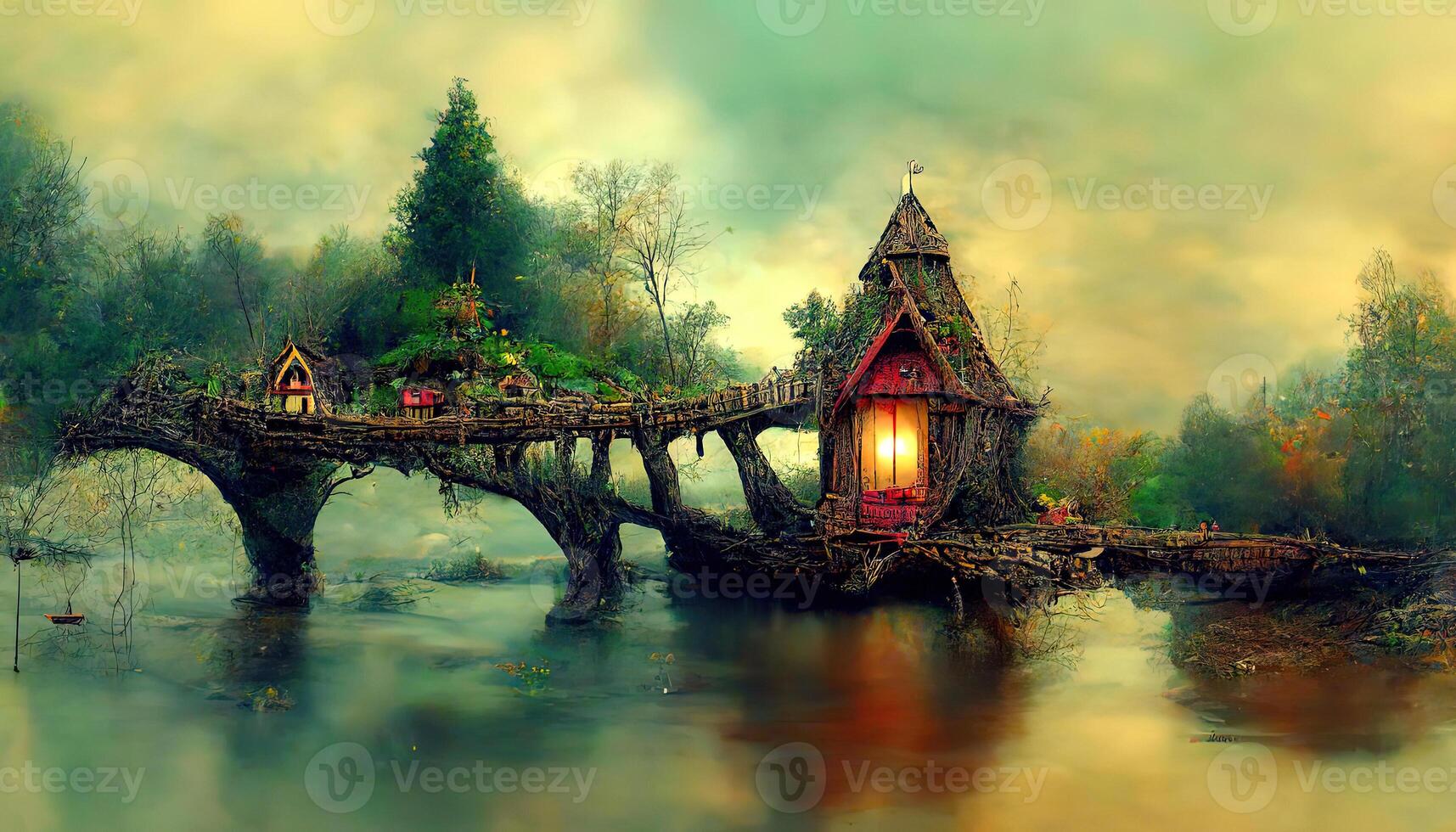 Fantastic night landscape with flying islands over the lake d render. photo