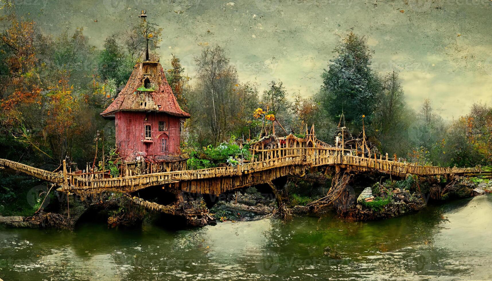 maravilloso hada casa en el río y de madera puente, manipulación de foto, 3d redirigir, detallado, de colores. generativo ai foto