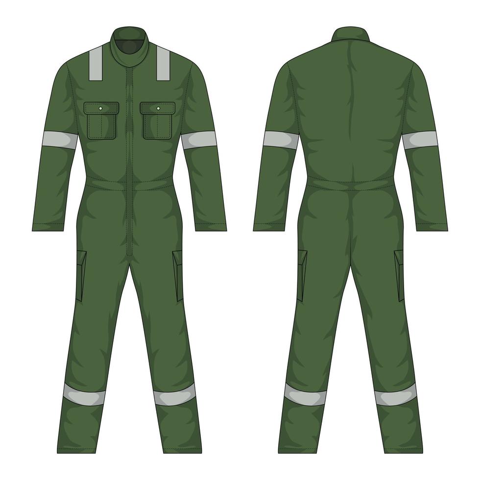 Front and back view of army green workwear mockup vector