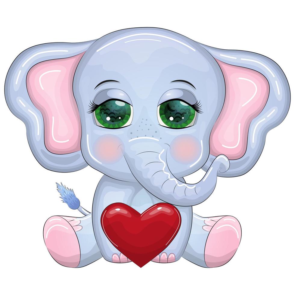 Cute cartoon elephant, childish character with beautiful eyes with a heart. vector