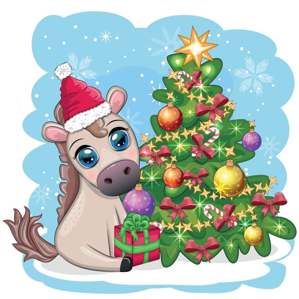 linda caballo, poni en de santa sombrero con caramelo Kane, Navidad pelota, regalo, hielo Patinaje. invierno es viniendo vector