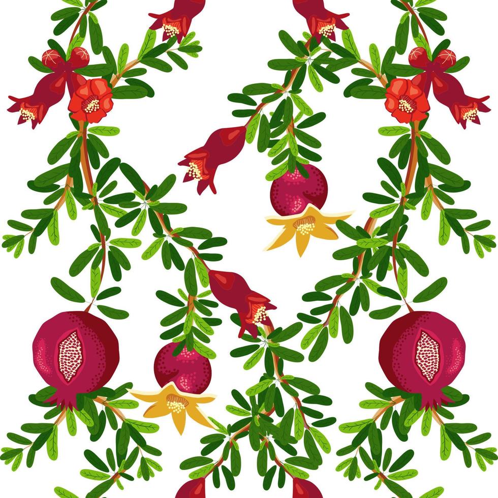 Pomegranate branches with fruits and flowers Seamless pattern. Bright leaves and fruits. Jewish New Year vector