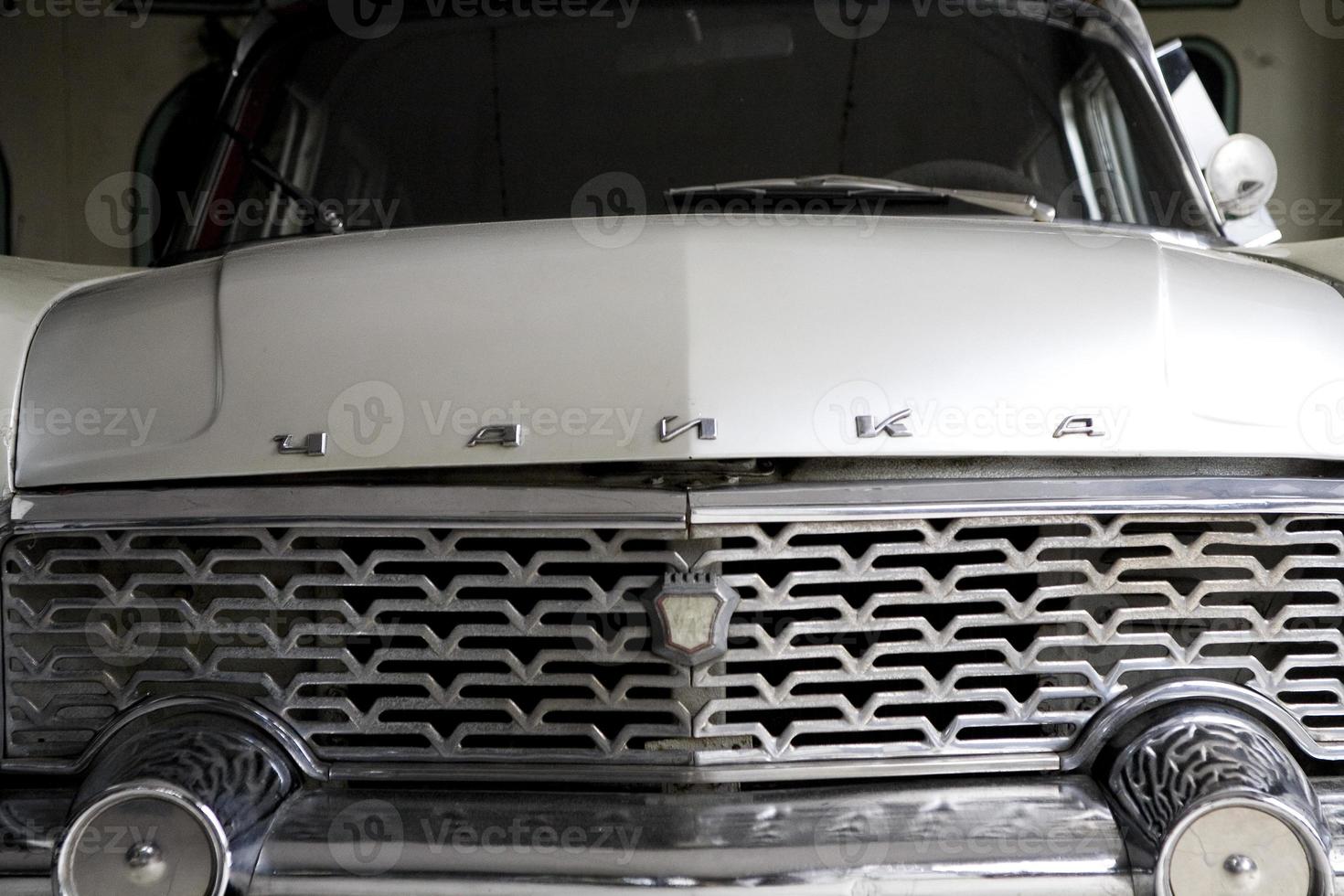 old vintage metal details car in the museum close-up photo