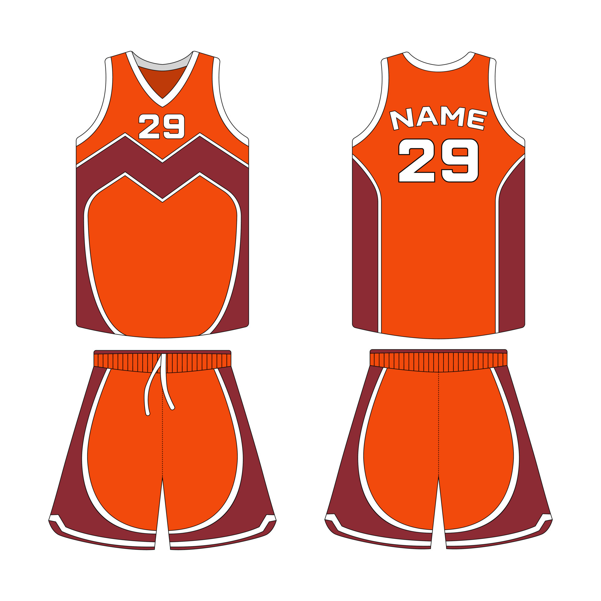 Orange color basketball uniform template front and back view