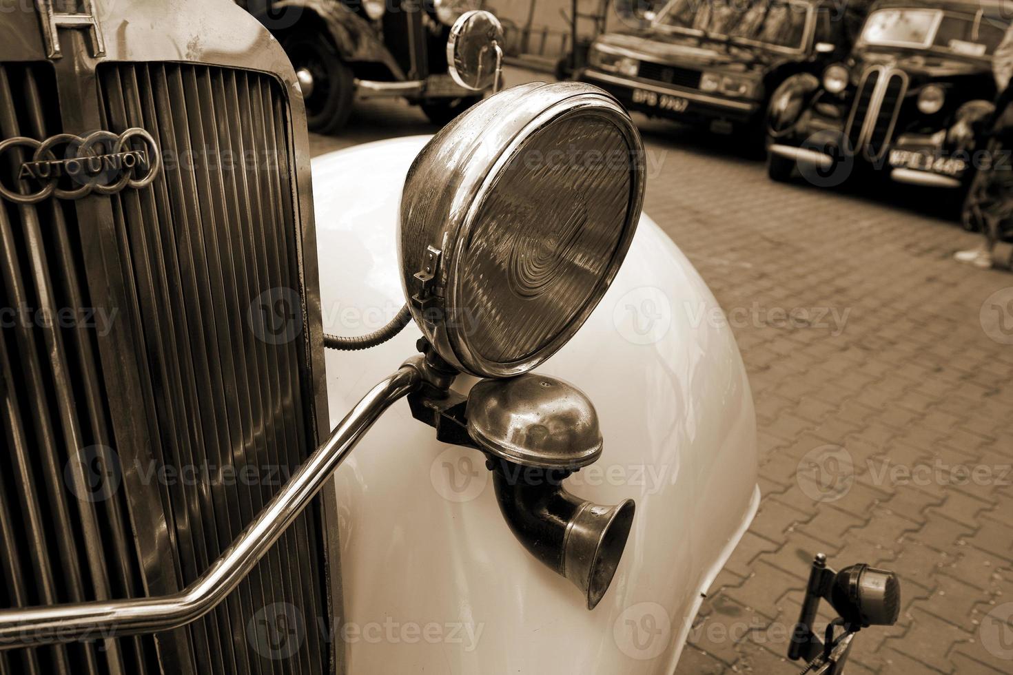 old vintage metal details car in the museum close-up photo