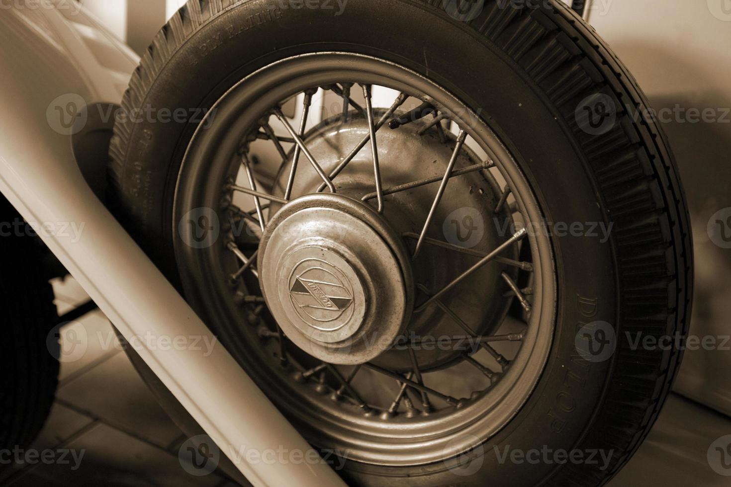 old vintage metal details car in the museum close-up photo