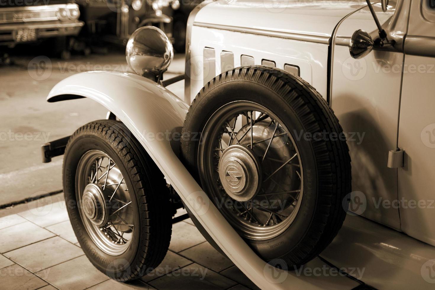 old vintage metal details car in the museum close-up photo