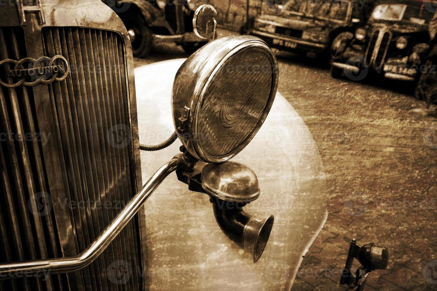 old vintage metal details car in the museum close-up photo