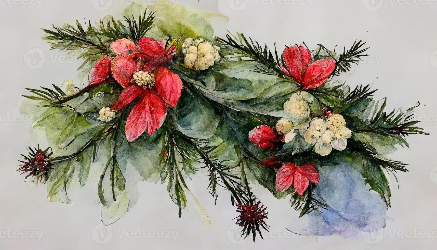 winter bouquet of poinsettia flowers and fir branches on an isolated white background, watercolor. illustration photo