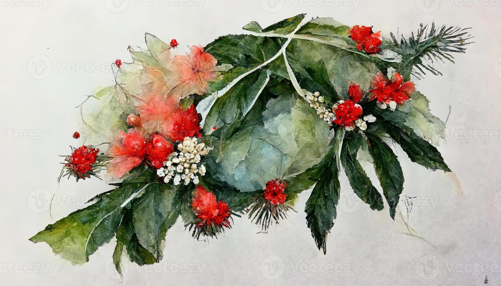Watercolor christmas flower arrangement red flower plant. hand drawn winter bouquets. photo