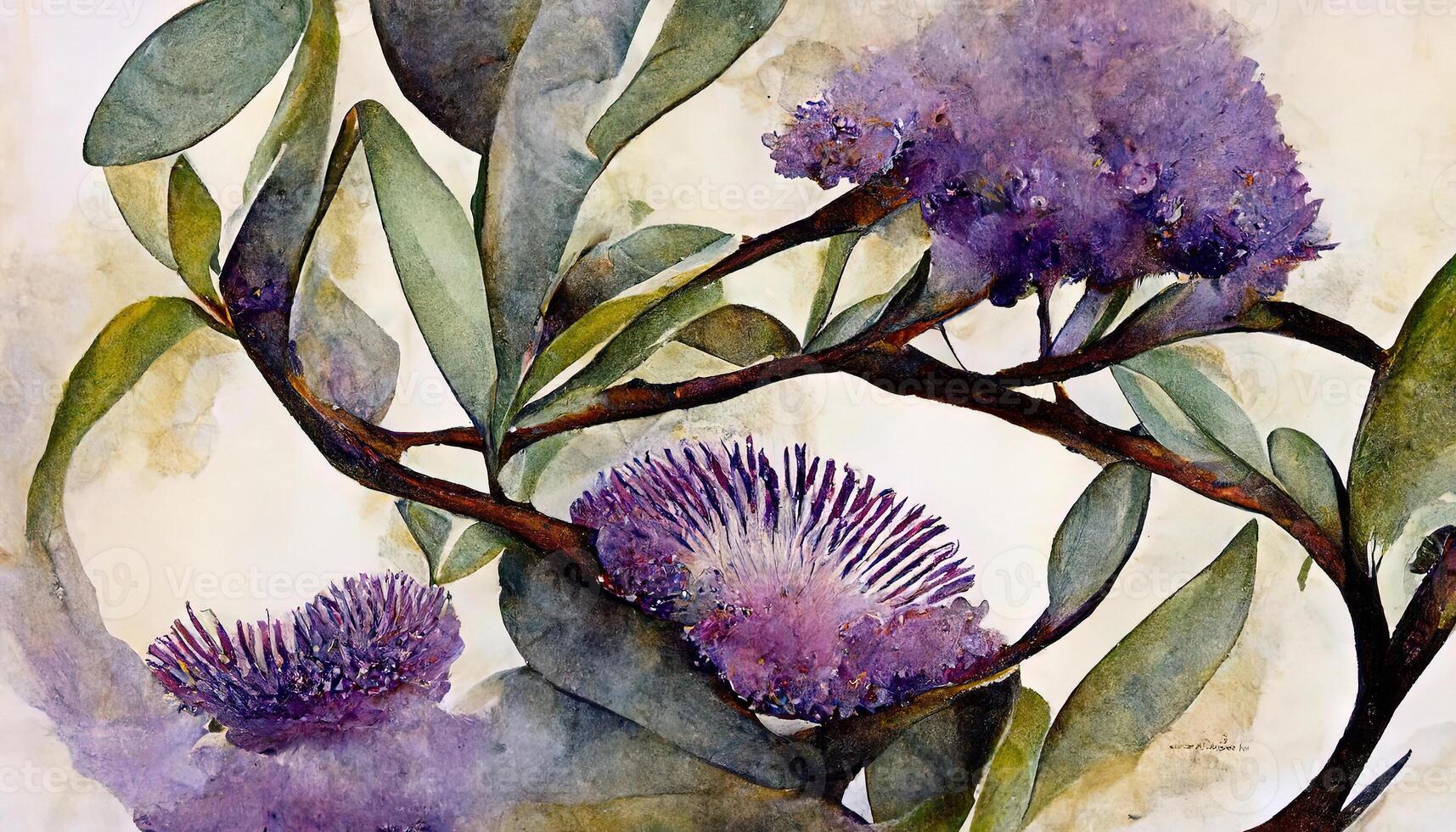 Watercolor eucalyptus leaves and purple lavender flower, Botanical frame, Greenery branches. photo