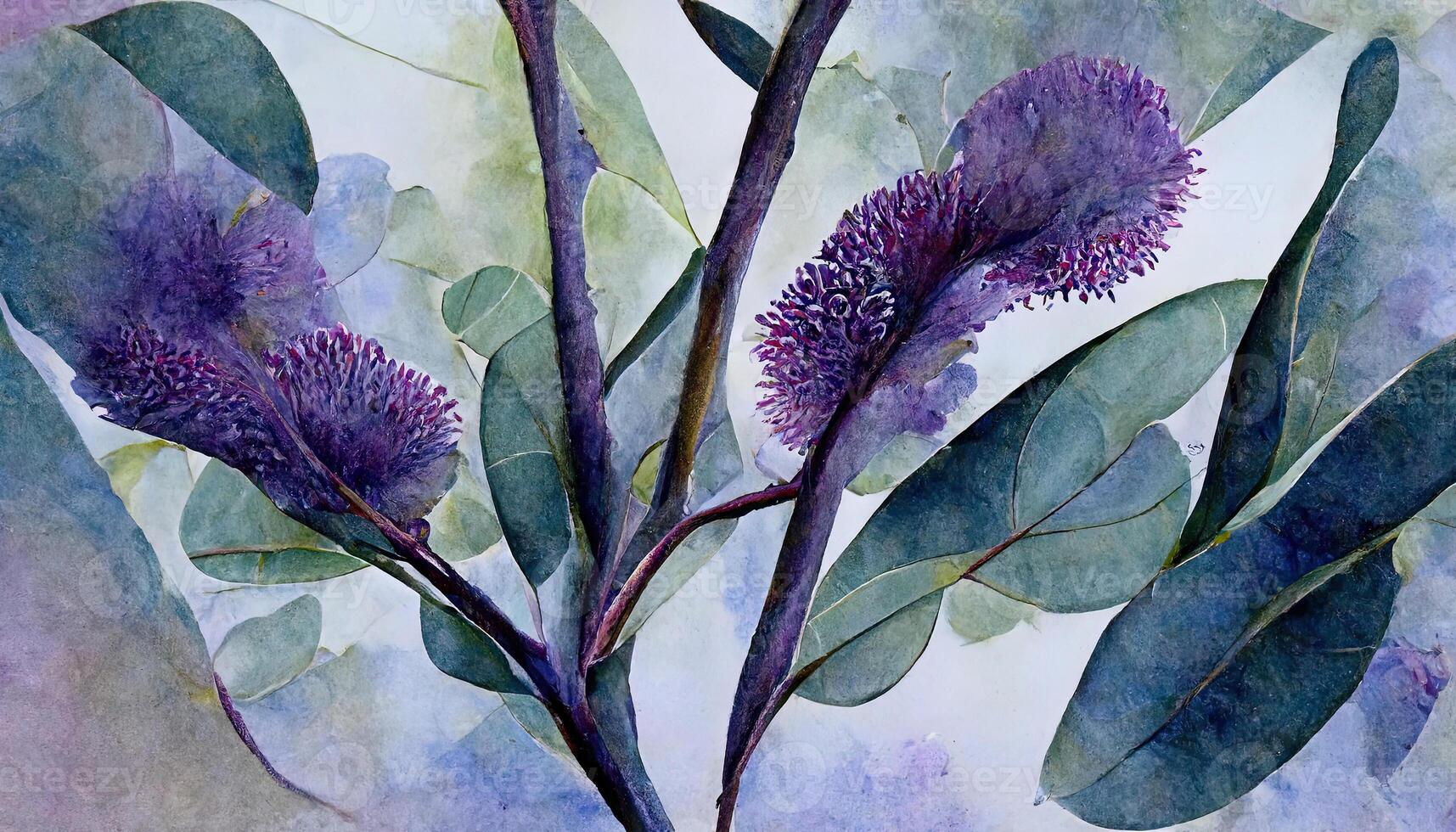 Spring card with blue leaves watercolor. photo