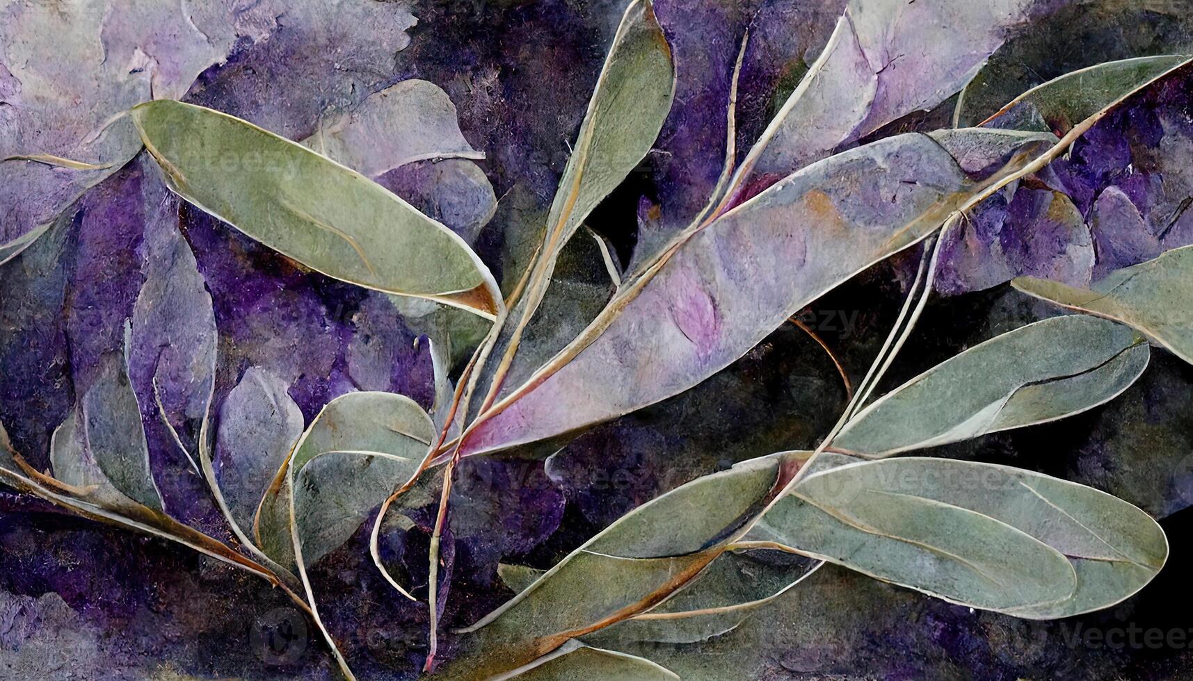 Watercolor eucalyptus leaves and lavender flower illustration. Floral frame, border bouquet set. photo