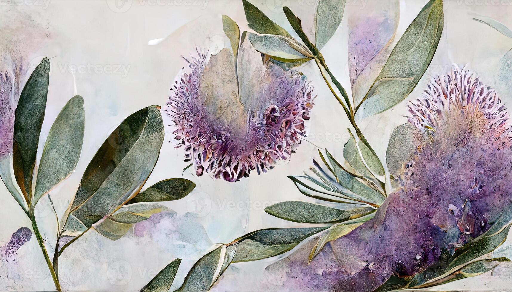 Lavender eucalyptus leaves, sage, and olive branches make up this flower frame from a digital watercolor. photo