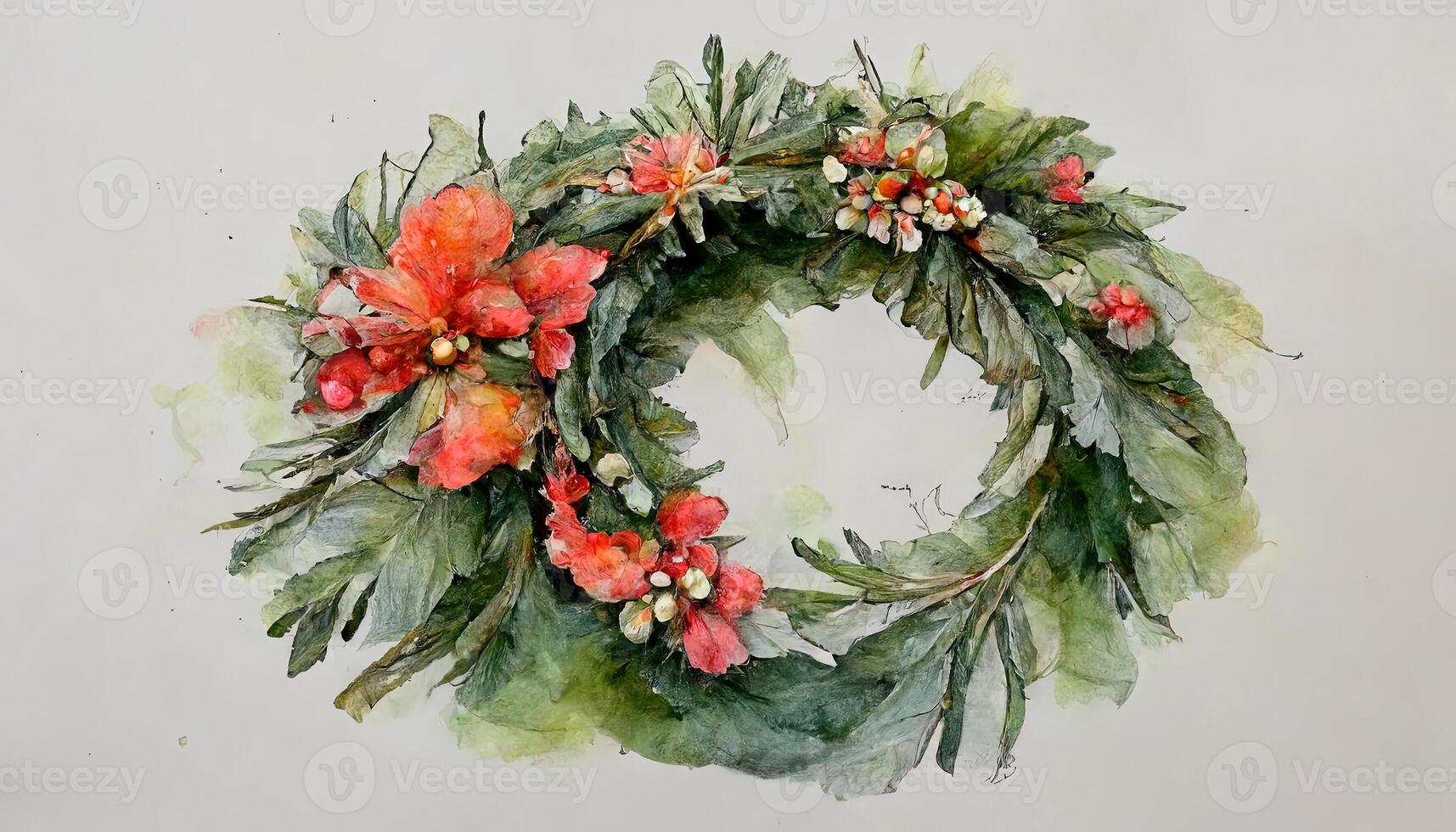 Watercolor winter Christmas wreath on the white isolated background. Winter frame bouquet. photo