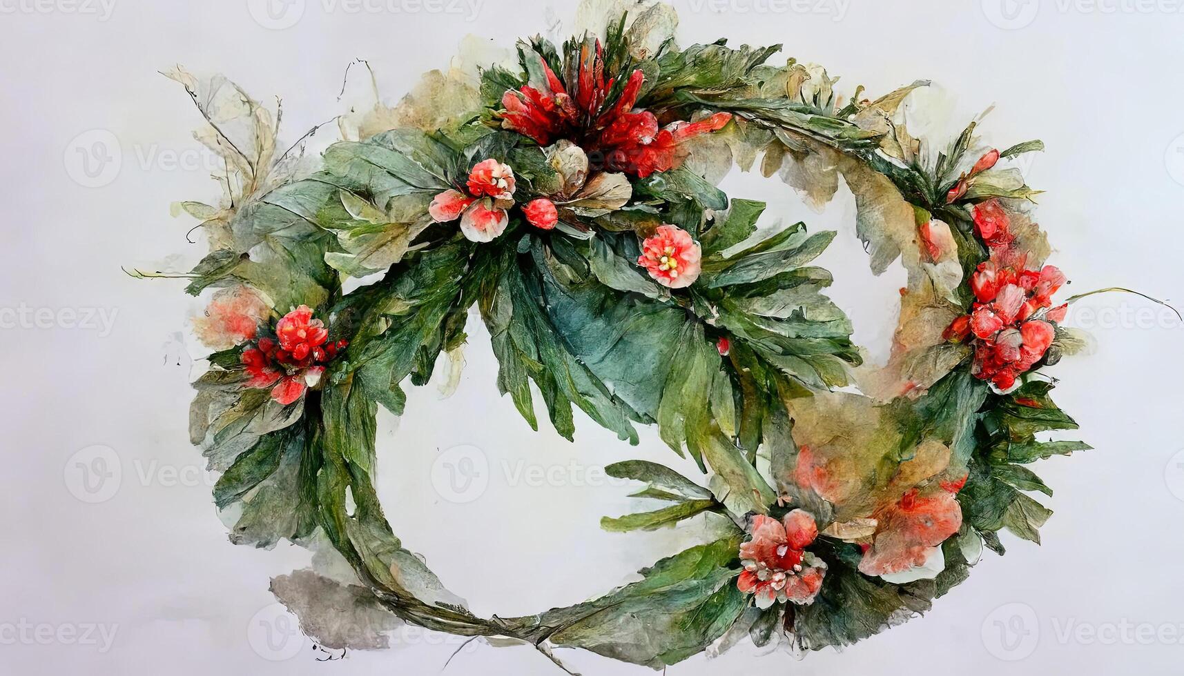 Watercolor Christmas floral wreath, Hand drawn botanical winter plants. photo