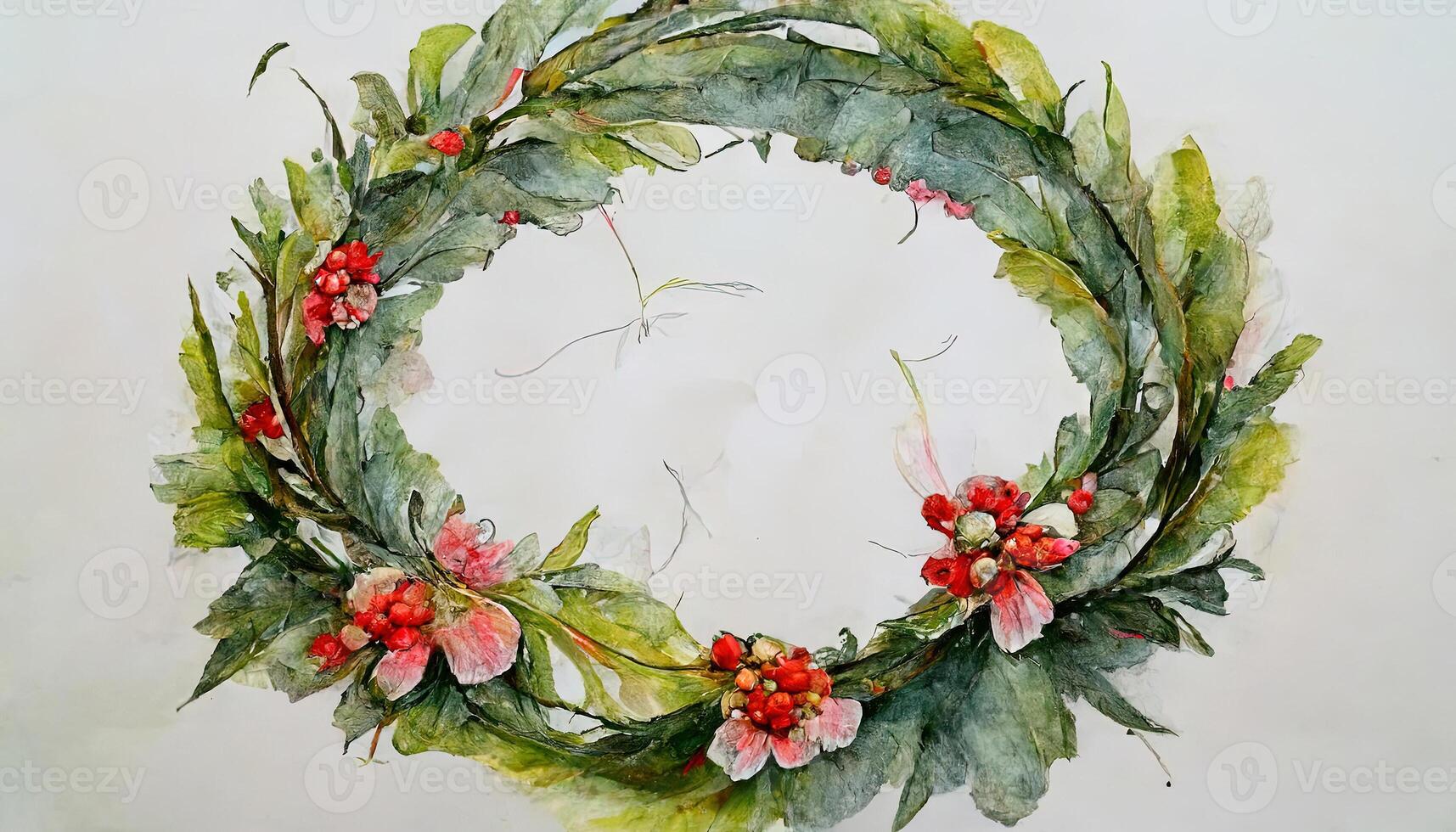 Field herbs, hand painted watercolor mistletoe green branches wreath illustrations. photo