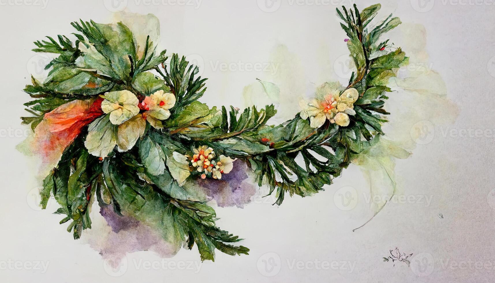 Watercolor Christmas floral wreath, Hand drawn botanical winter plants. photo