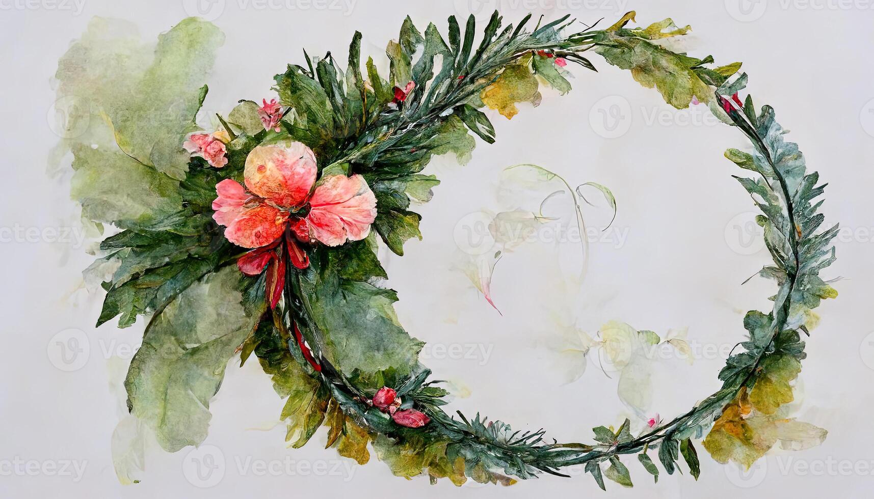 Watercolor winter Christmas wreath on the white isolated background. Winter frame bouquet. photo