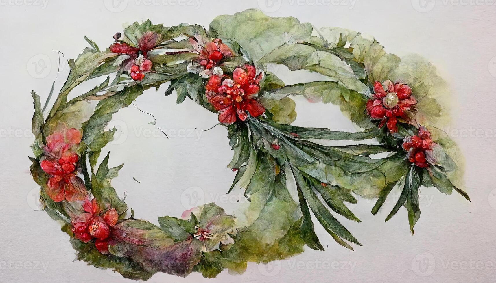 Beautiful floral christmas wreath with hand drawn watercolor winter flowers such as red poinsettia and holly branch. photo