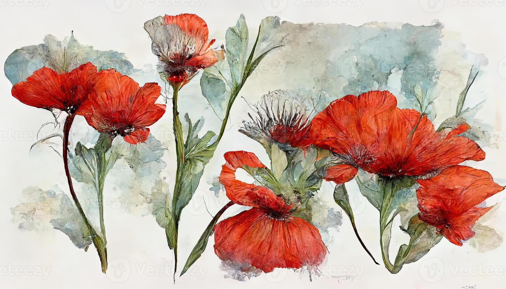 Watercolor red poppies, Wildflower set isolated on white, Hand painting illustration. photo