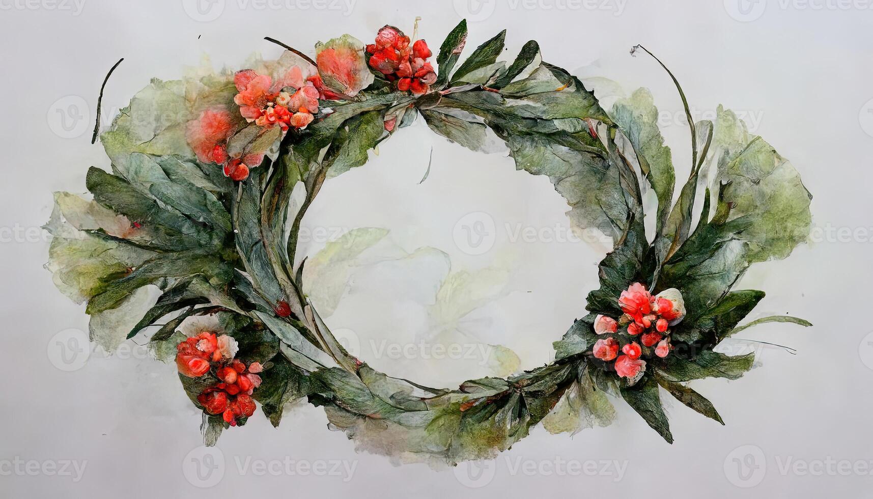 Beautiful floral christmas wreath with hand drawn watercolor winter flowers such as red poinsettia and holly branch. photo