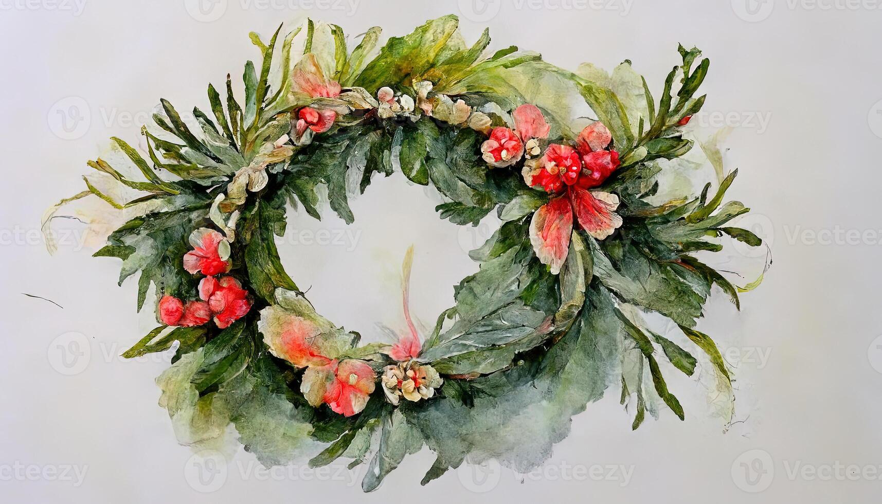 Beautiful floral christmas wreath with hand drawn watercolor winter flowers such as red poinsettia and holly branch. photo