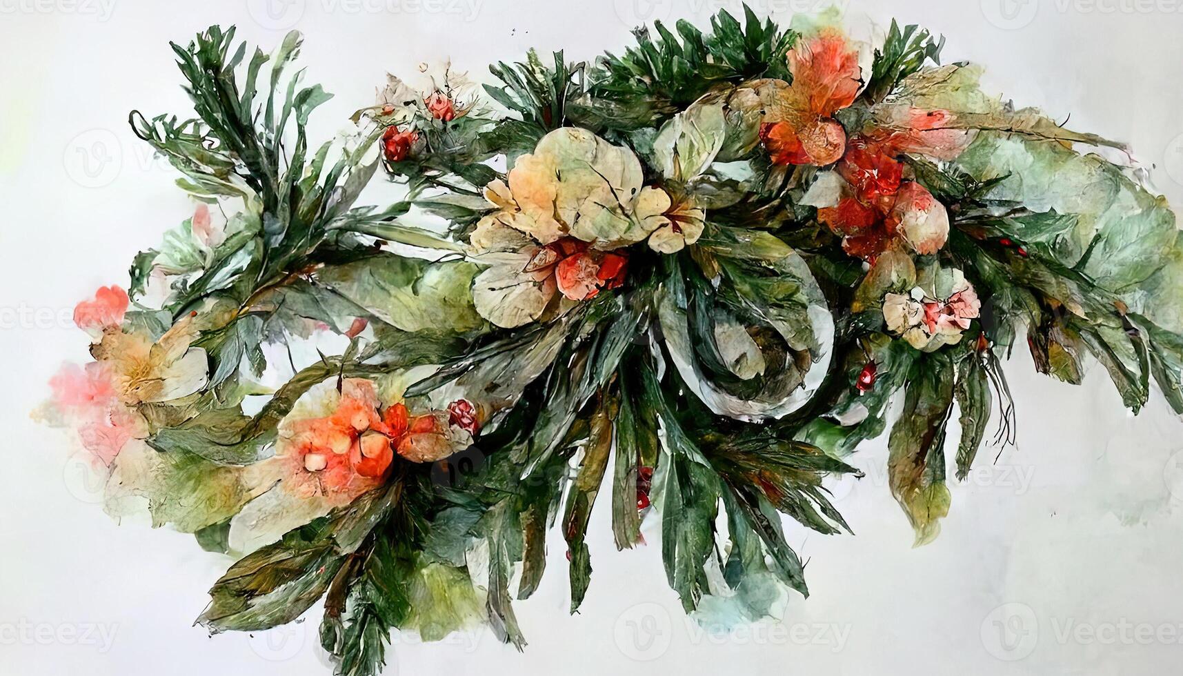 Watercolor Christmas floral wreath, Hand drawn botanical winter plants. photo