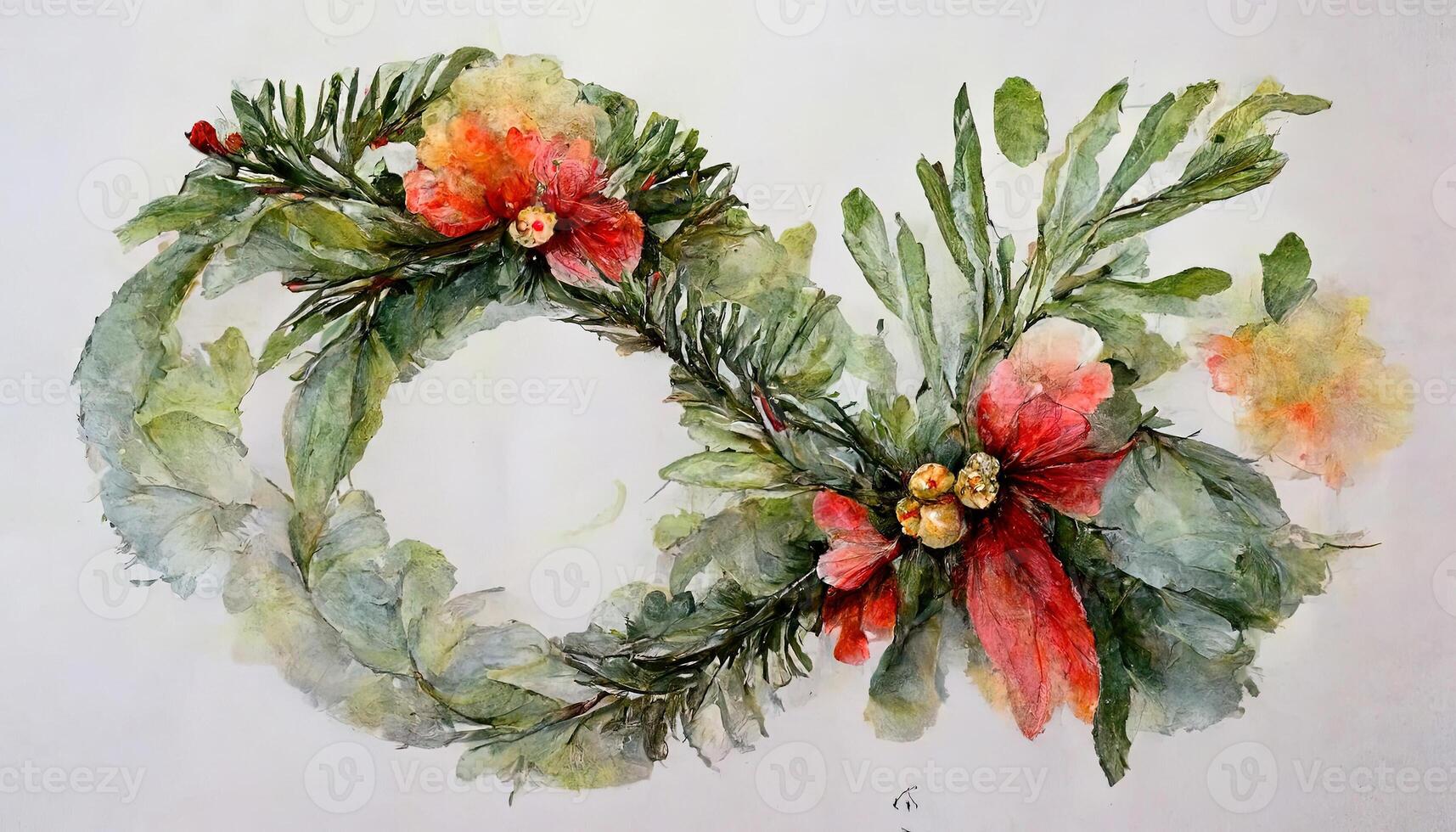 Field herbs, hand painted watercolor mistletoe green branches wreath illustrations. photo