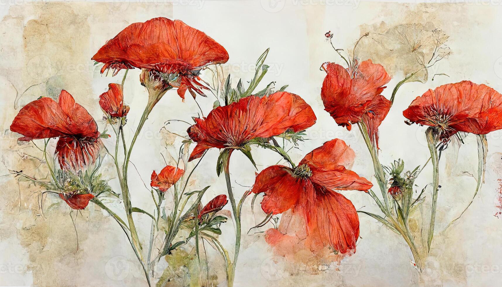 Illustration set of red poppies flowers and leaves, watercolor painting. photo