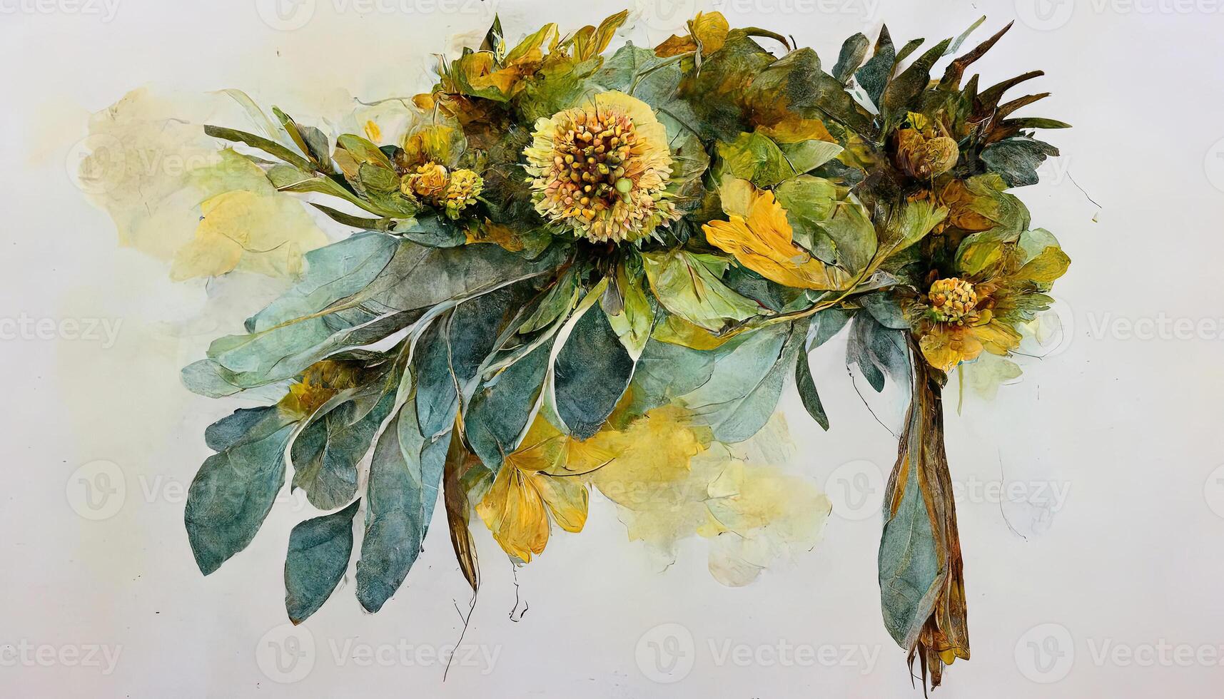 Watercolor illustration of a bouquet with sunflowers and roses with sprigs of eucalyptus. photo