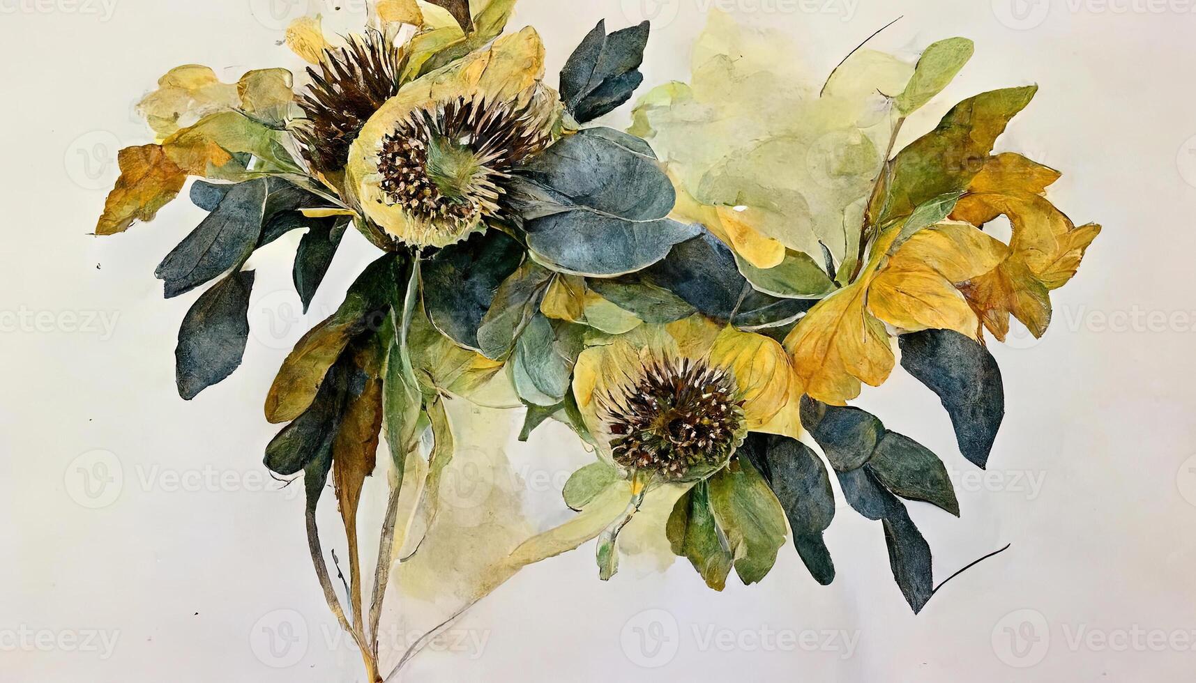 Watercolor illustration of a bouquet with sunflowers and roses with sprigs of eucalyptus. photo