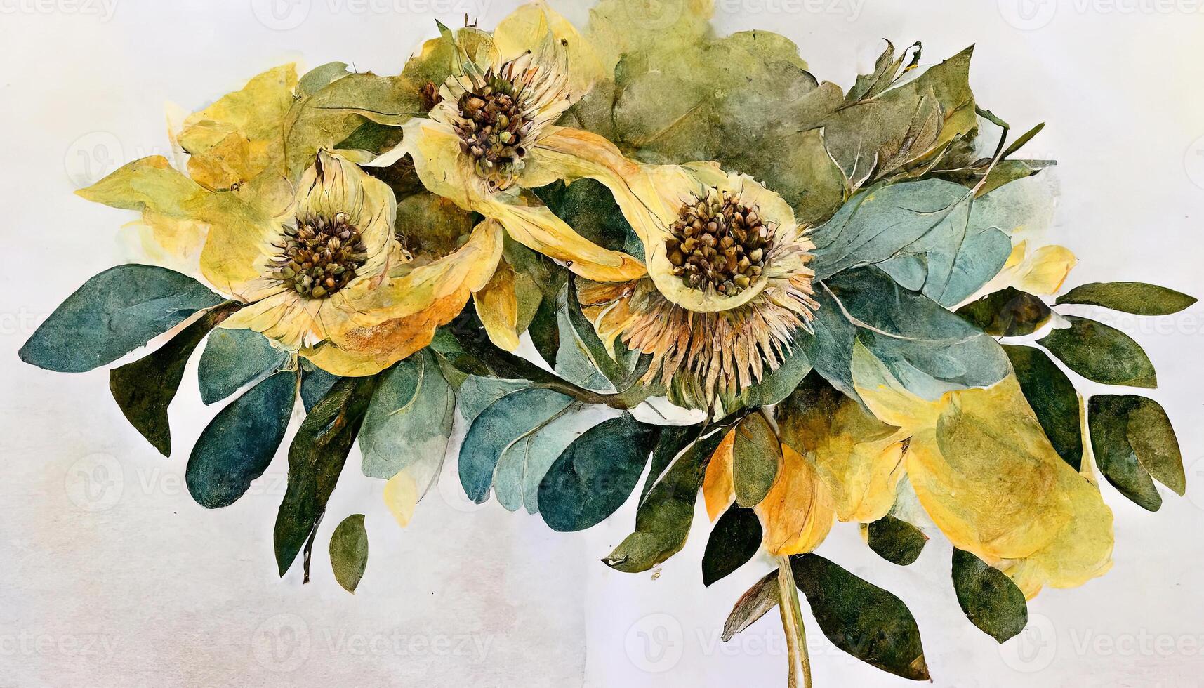 Watercolor illustration of a bouquet with sunflowers and roses with sprigs of eucalyptus. photo