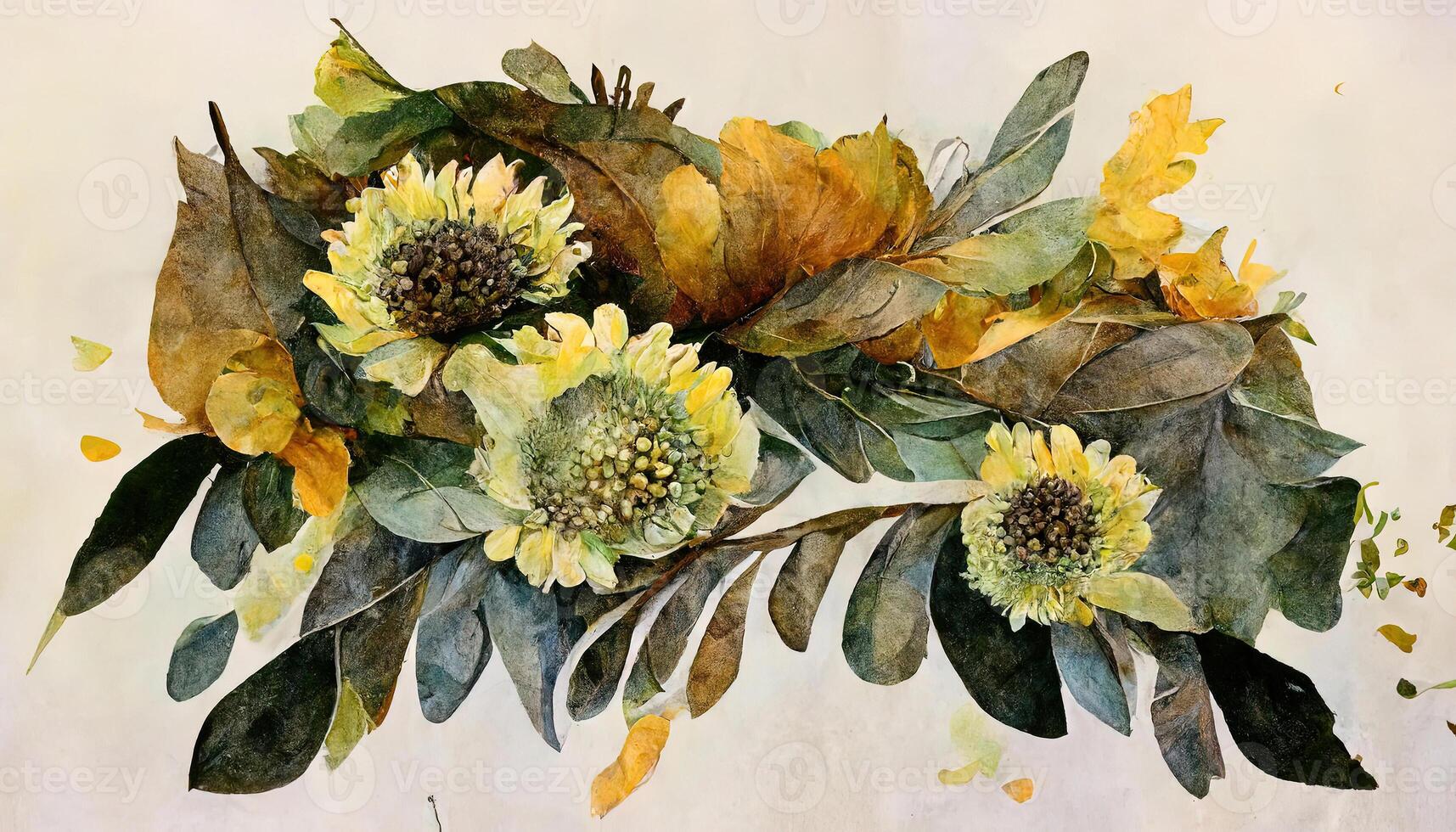 Sunflower and eucalyptus leaves bouquet, Watercolor floral illustration, Yellow flowers. photo