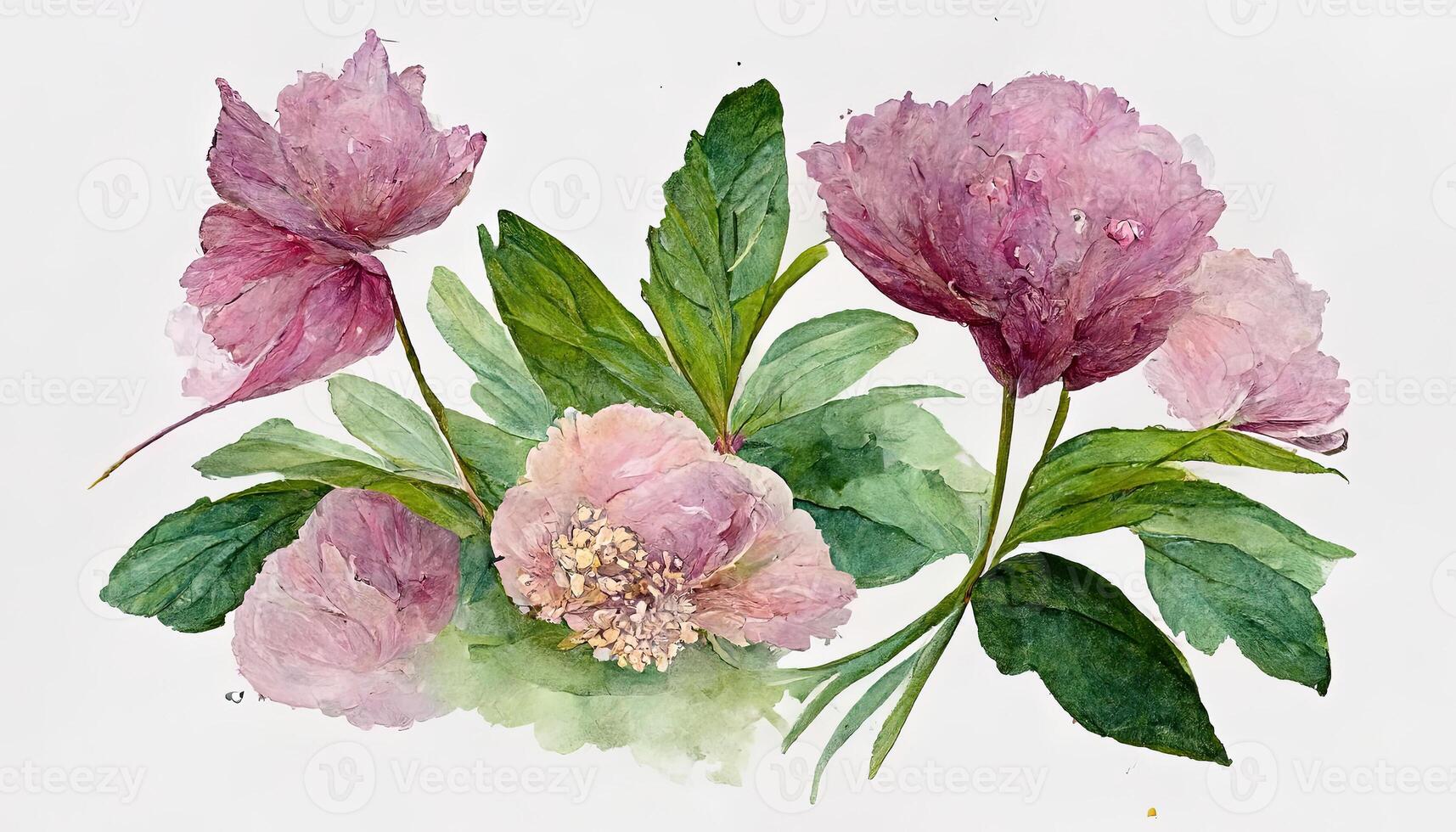 Watercolor flowers clipart, Pink peony, rose flower, hydrangea and eucalyptus leaves. photo