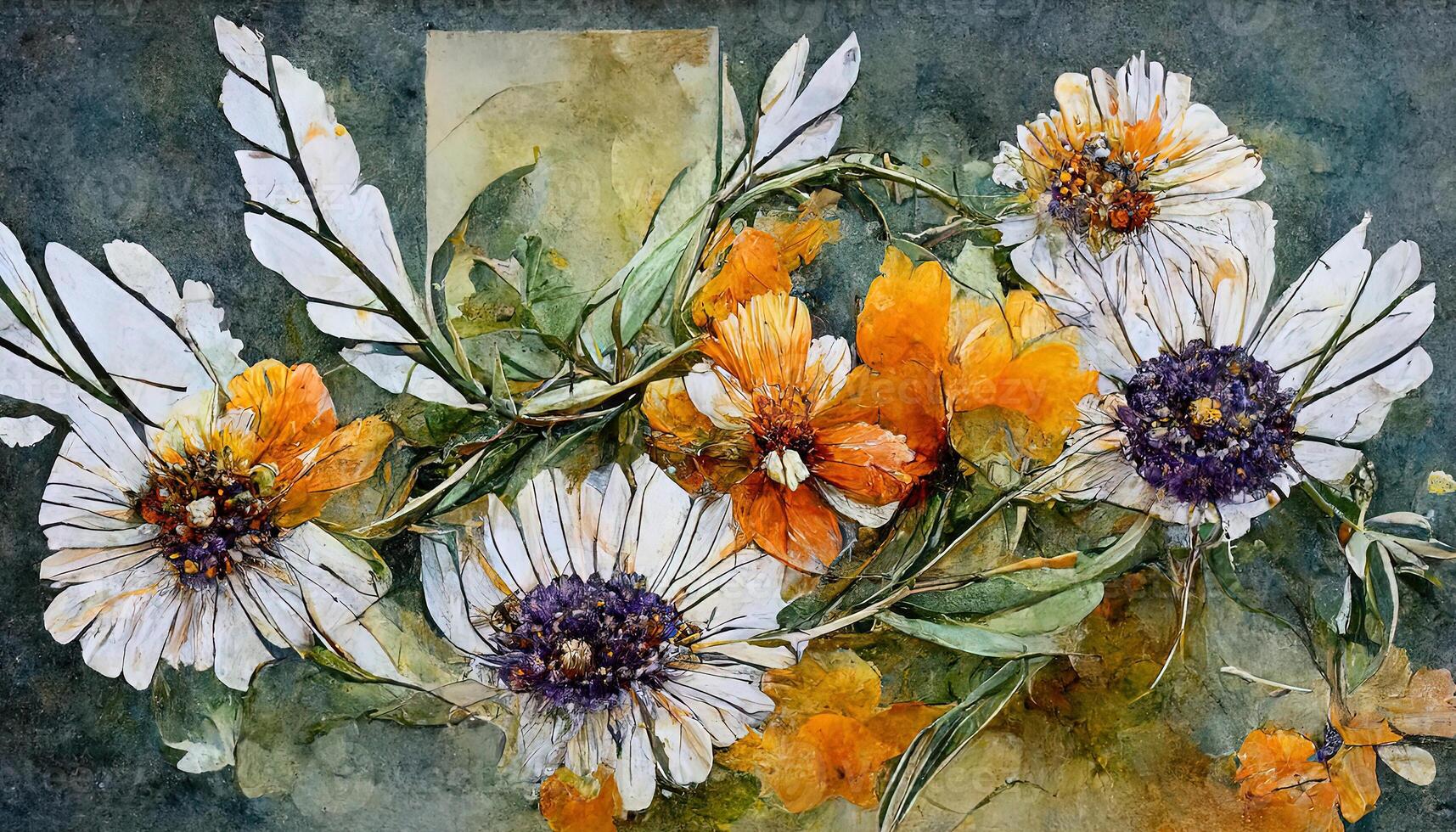 Square gold frame with watercolor wildflowers. photo