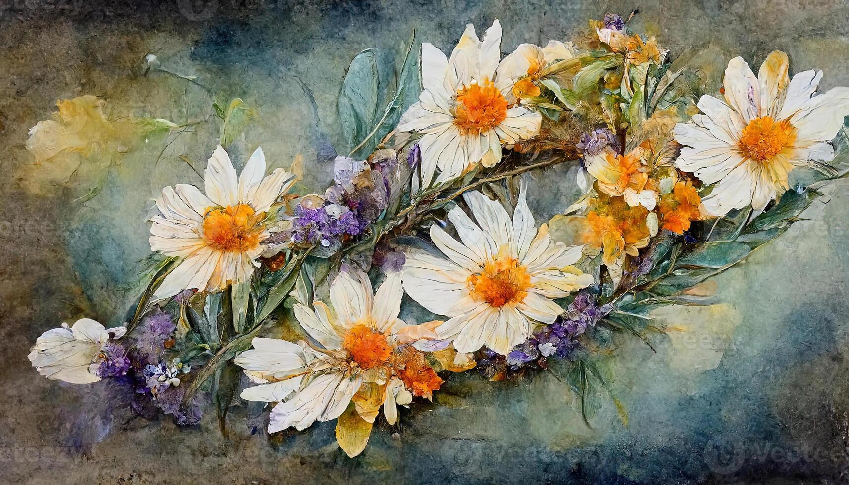 Watercolor daisy floral wreath design. photo