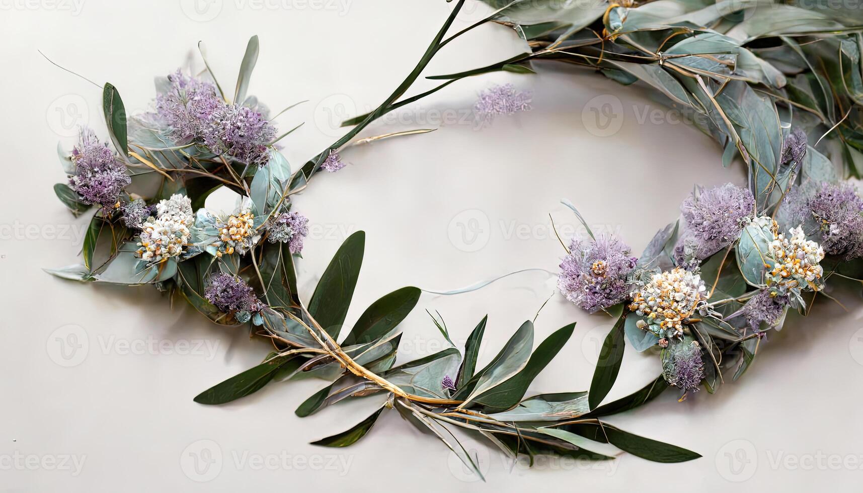 Watercolor wild flower seamless border. Repeating pattern. Daisy, calendula, lavender, eucalyptus branches and leaves garland. photo