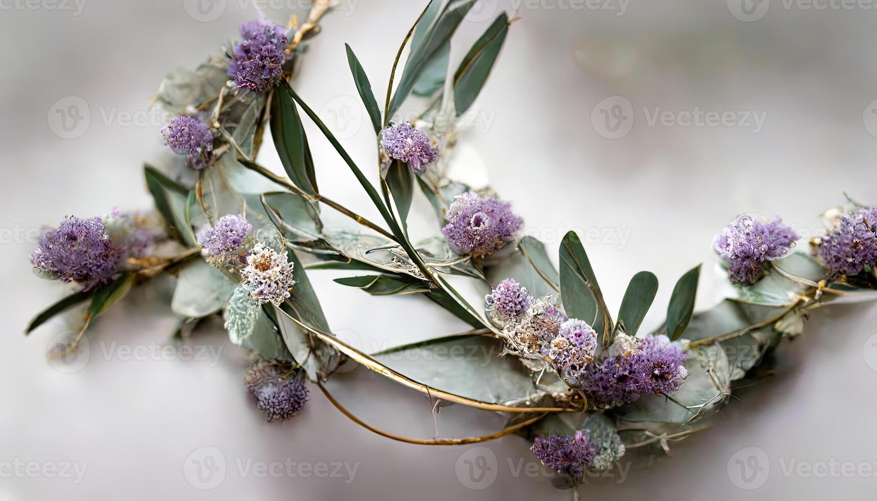 Lavender eucalyptus leaves, sage, and olive branches make up this flower frame from a digital watercolor painting that is isolated on white. photo