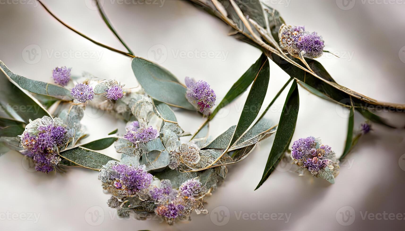 Wonderful Lavender flowers and eucalyptus branches isolated on white, Floral wreath. photo