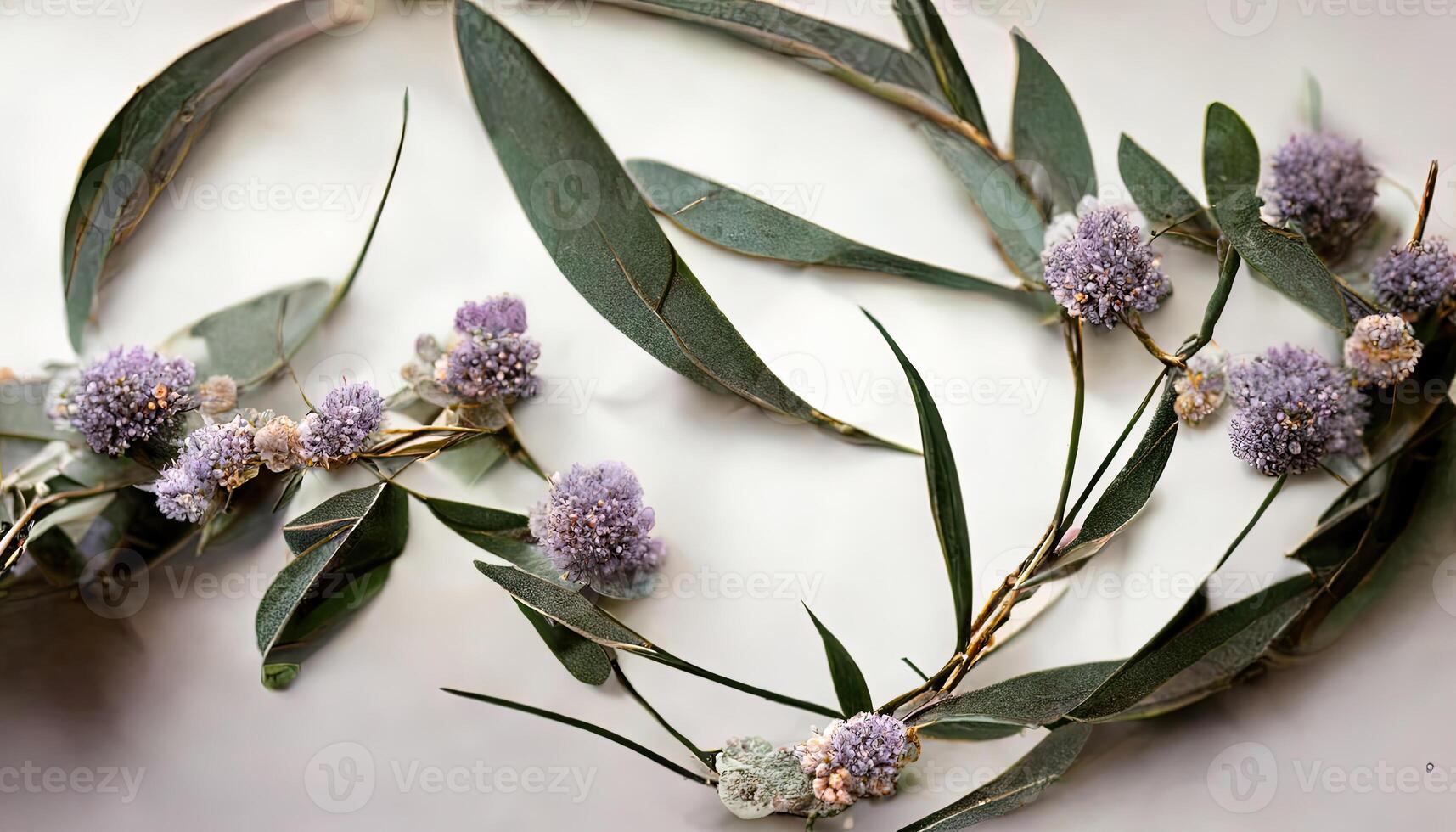 Watercolor wild flower seamless border. Repeating pattern. Daisy, calendula, lavender, eucalyptus branches and leaves garland. photo