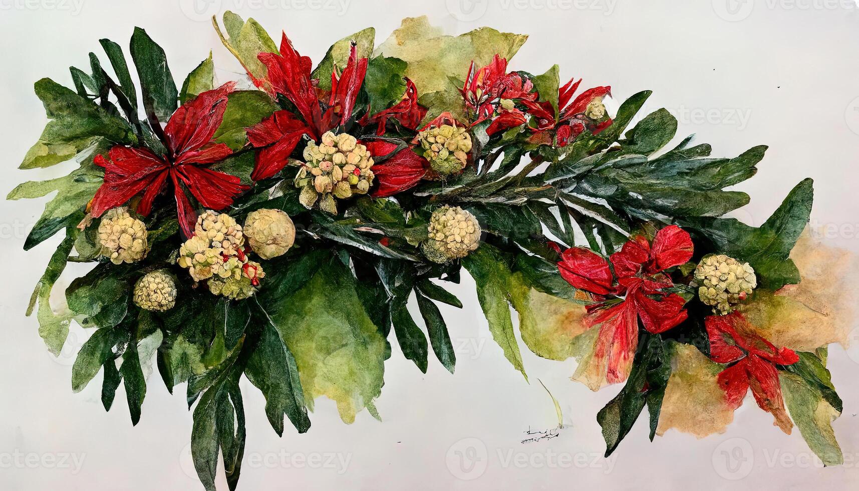 New year arrangement with poinsettia flower, ilex, fir branch with cones for design. photo