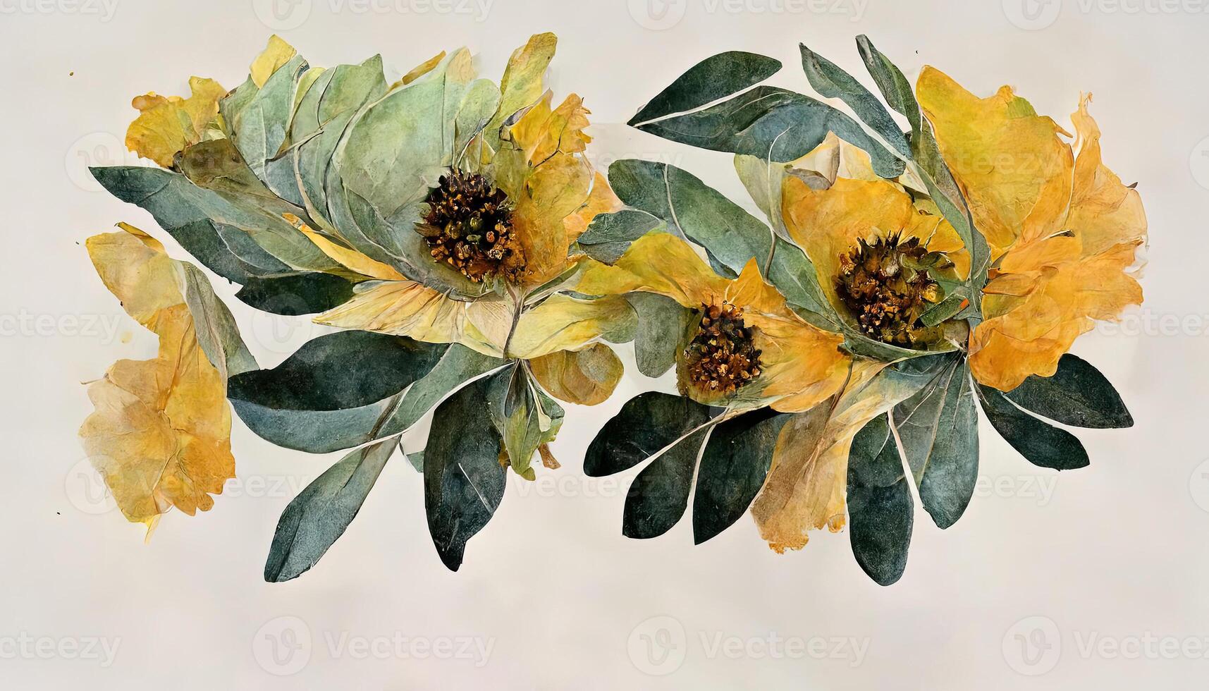Sunflower and eucalyptus leaves bouquet. Watercolor floral clipart, Yellow flowers. photo