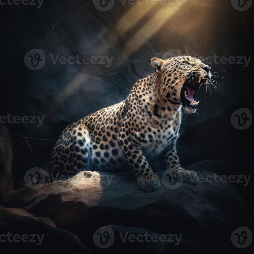 image of leopard roaring on the rock image photo