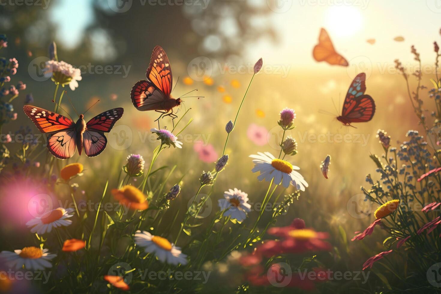 Butterflies fly over field colorful flowers on a sunny day, wallpaper. . photo